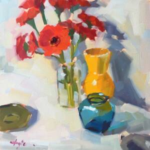still life with_red_gerberas , yellow and blue vases
