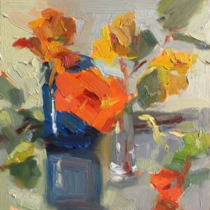Oil painting of garden blossoms, orange and yellow in blue vase