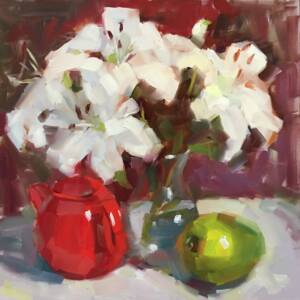 Oil painting of still life with white lilies By katia Kyte